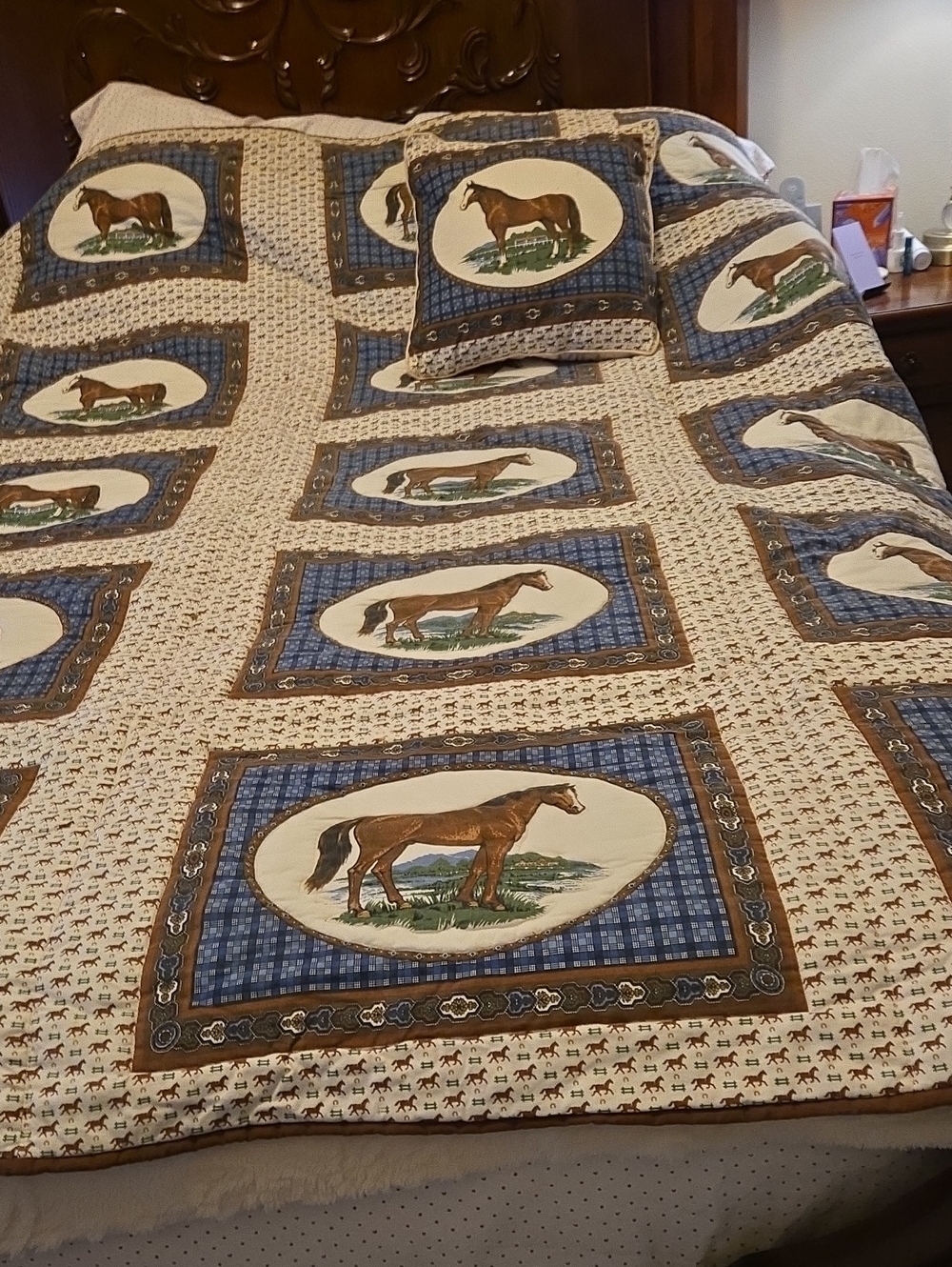 Horse Motif Quilted Bedspread in Brown and Blue by